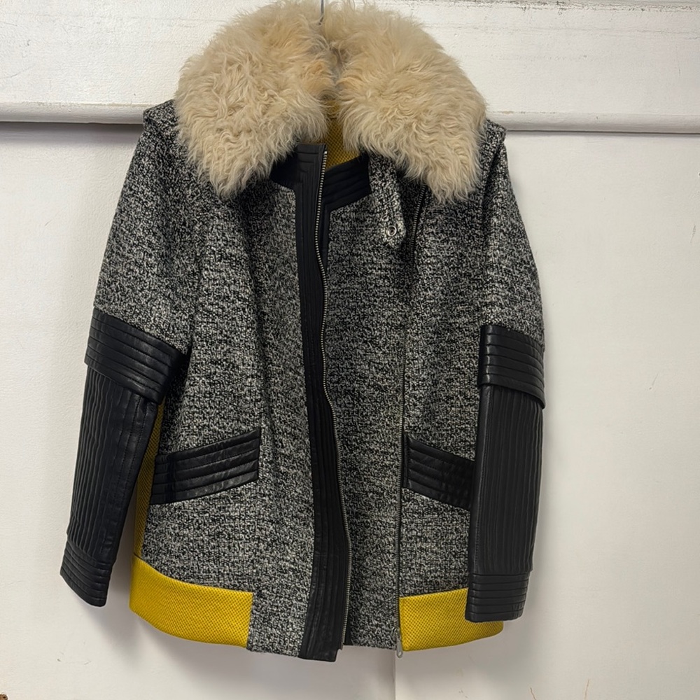Rebecca Minkoff Stylish Gray and Yellow Coat with Faux Fur Collar